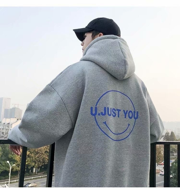 “U JUST YOU” Oversized Unisex Hoodie – Soft Fleece Streetwear with Smiley Graphic