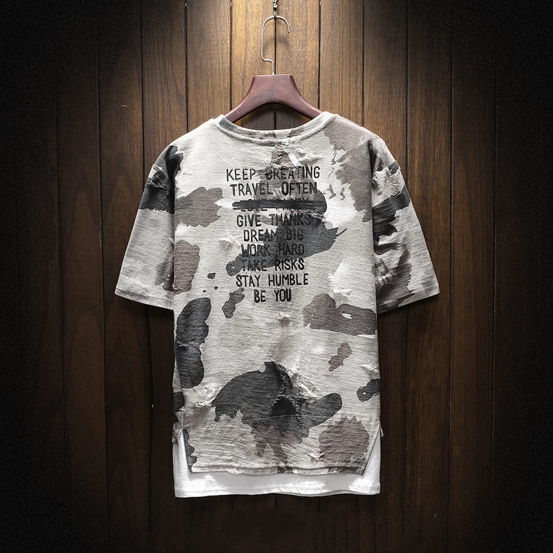 Men’s Urban Camo Print T-Shirt – Distressed Streetwear Graphic Tee - ExceLux.