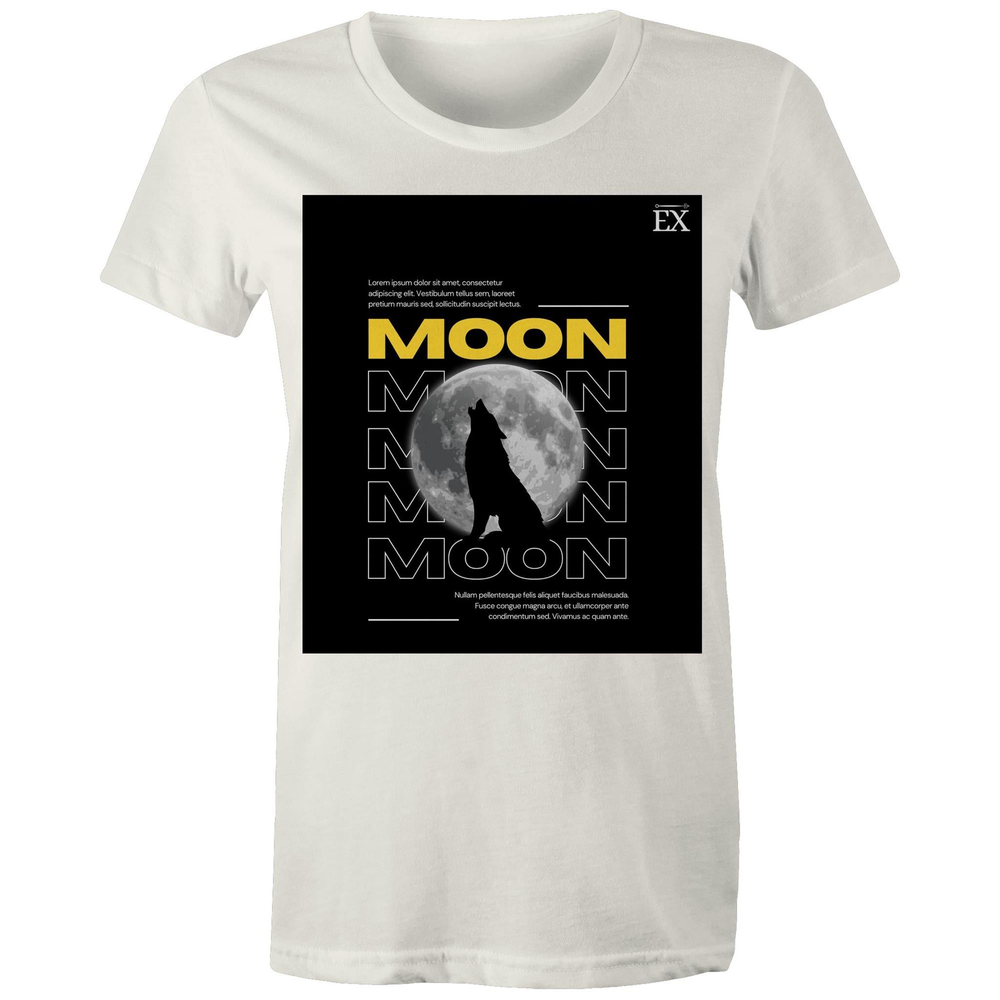 "MOON Howl" Full Moon Graphic T-Shirt – ExceLux Cosmic Series | Women's Maple Tee