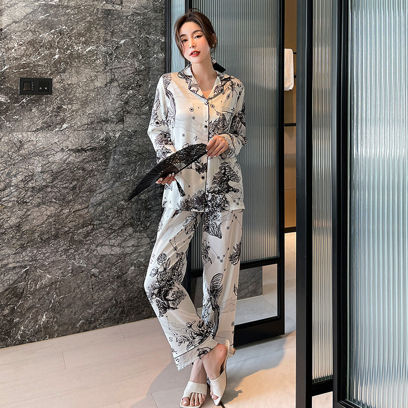 Elegant Printed Couple Pajamas Set - Long Sleeve Button-Down Sleepwear