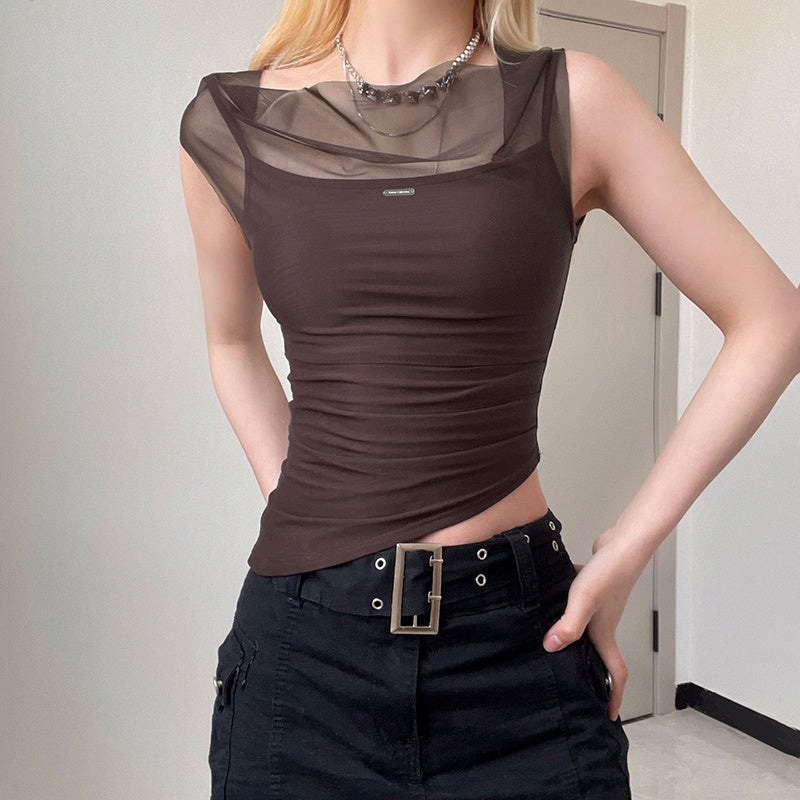 Excelux Women’s Sheer Mesh Slim-Fit Top – Brown Elegant Casual Tee (S–L | AU 6–10)