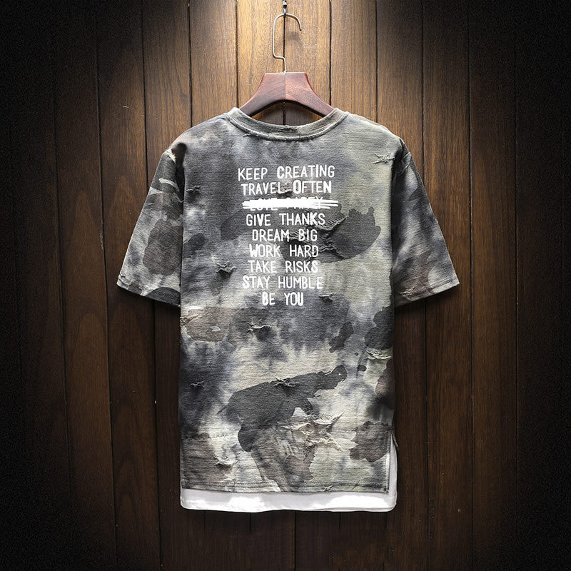Men’s Urban Camo Print T-Shirt – Distressed Streetwear Graphic Tee - ExceLux.