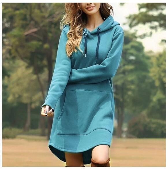 Casual Hooded Sweater Dress with Pockets – Soft Long Sleeve Pullover Dress
