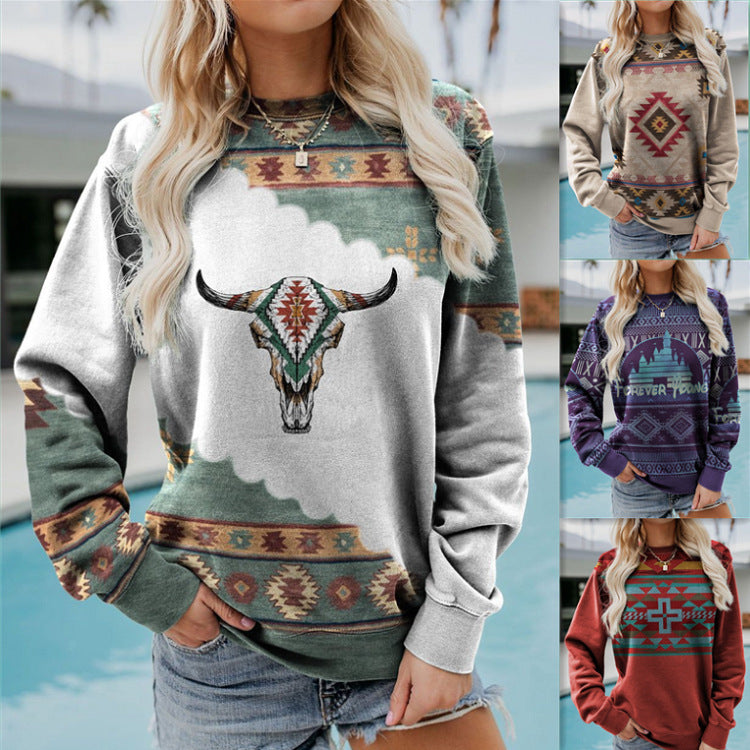 Women Pullover Sweatshirt Long Sleeve Print Crew Neck Sweatshirt - ExceLux.