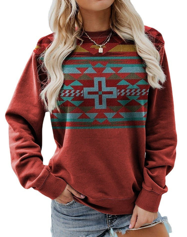 Women Pullover Sweatshirt Long Sleeve Print Crew Neck Sweatshirt - ExceLux.