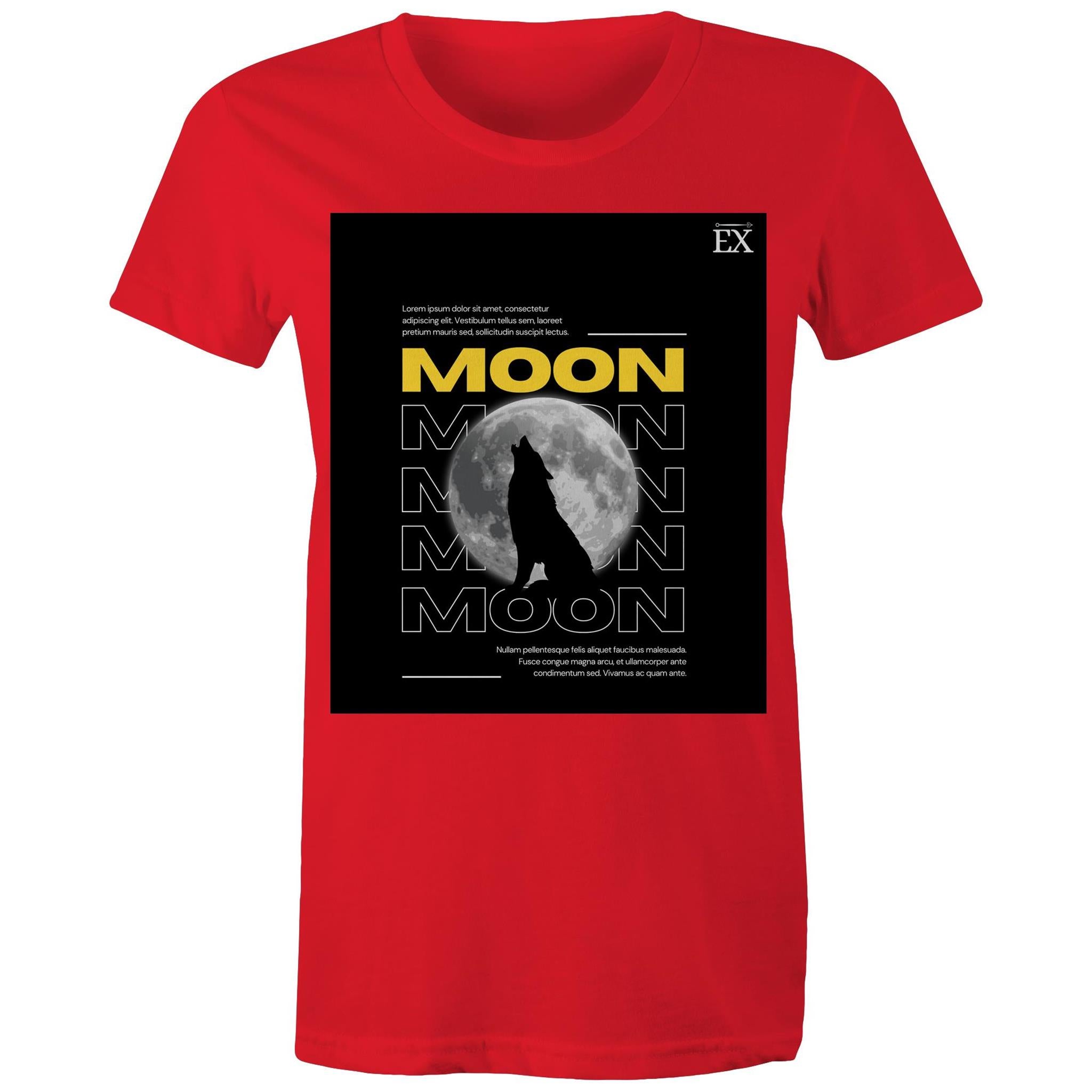 "MOON Howl" Full Moon Graphic T-Shirt – ExceLux Cosmic Series | Women's Maple Tee