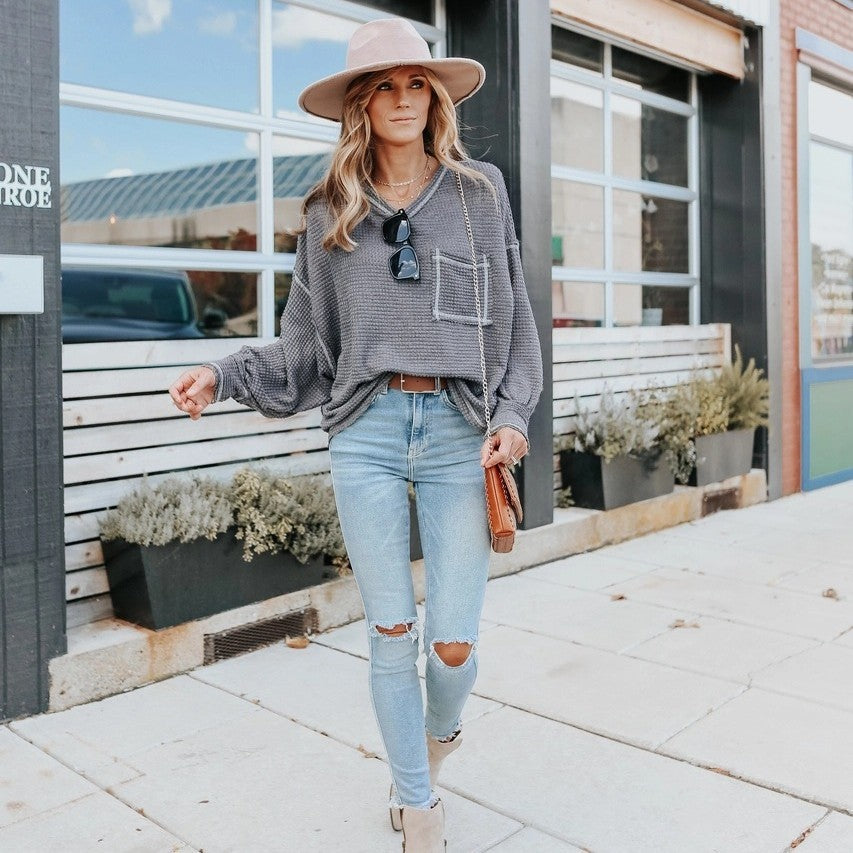 Comfy Clothing – Harper Waffle Knit Oversized Pocket Top Front View