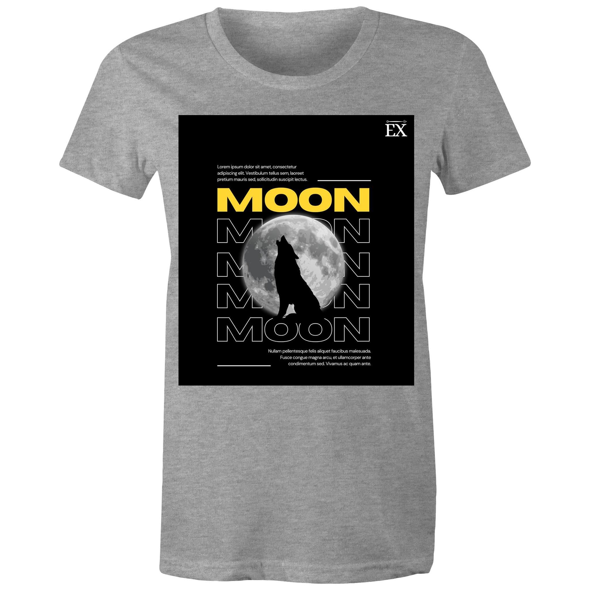 "MOON Howl" Full Moon Graphic T-Shirt – ExceLux Cosmic Series | Women's Maple Tee
