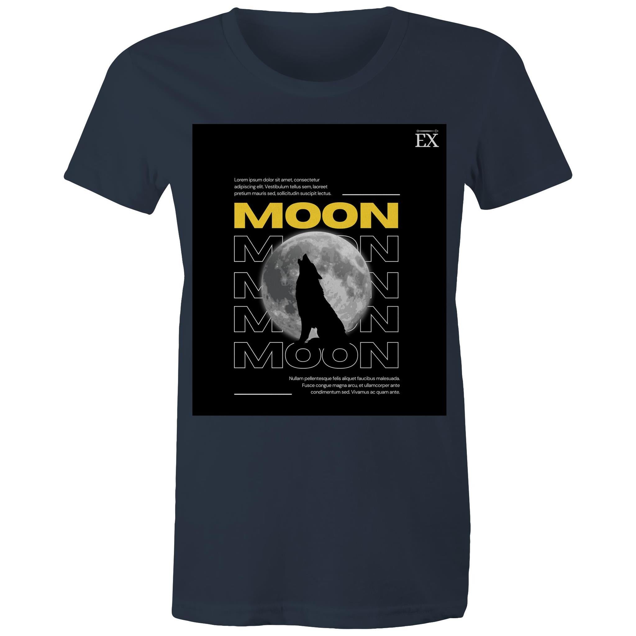 "MOON Howl" Full Moon Graphic T-Shirt – ExceLux Cosmic Series | Women's Maple Tee