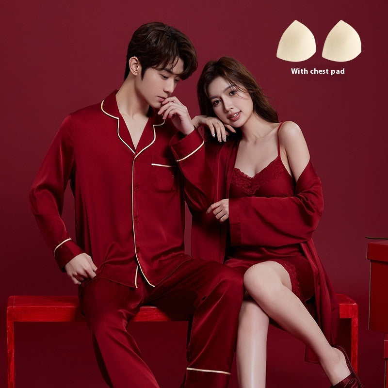 Luxury Satin Couple Pajama Set – 4-Piece Valentine's Sleepwear with Chest Pads (Wine Red) - ExceLux.