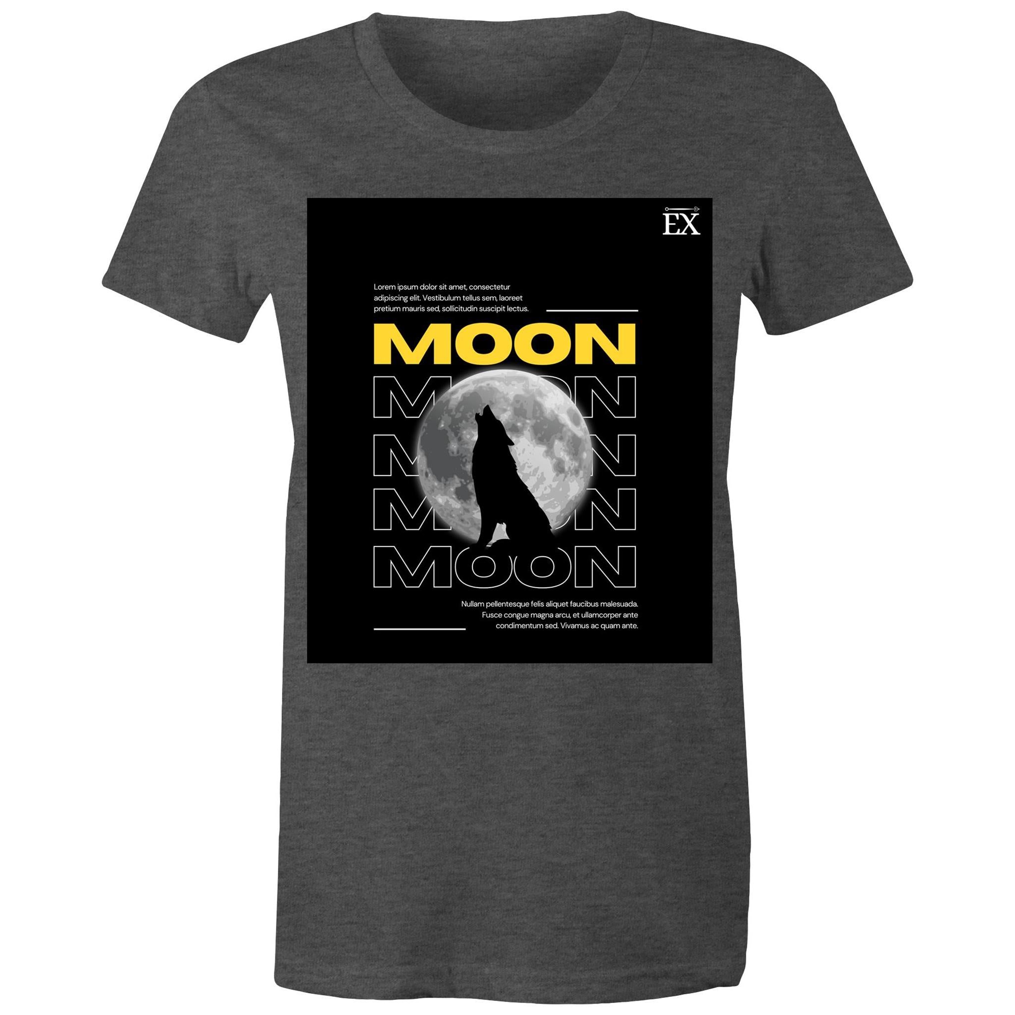 "MOON Howl" Full Moon Graphic T-Shirt – ExceLux Cosmic Series | Women's Maple Tee
