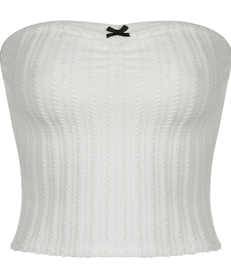 White Ribbed Knit Tube Top with Bow – Minimalist Sweetheart Style - ExceLux.