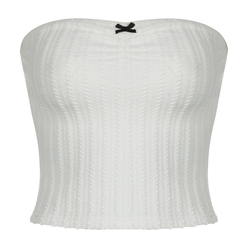 White Ribbed Knit Tube Top with Bow – Minimalist Sweetheart Style - ExceLux.