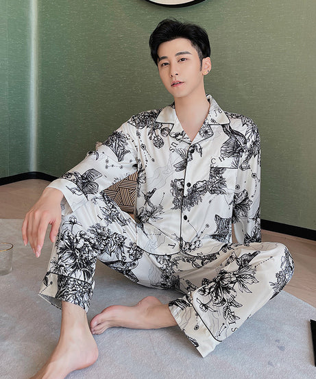 Elegant Printed Couple Pajamas Set - Long Sleeve Button-Down Sleepwear