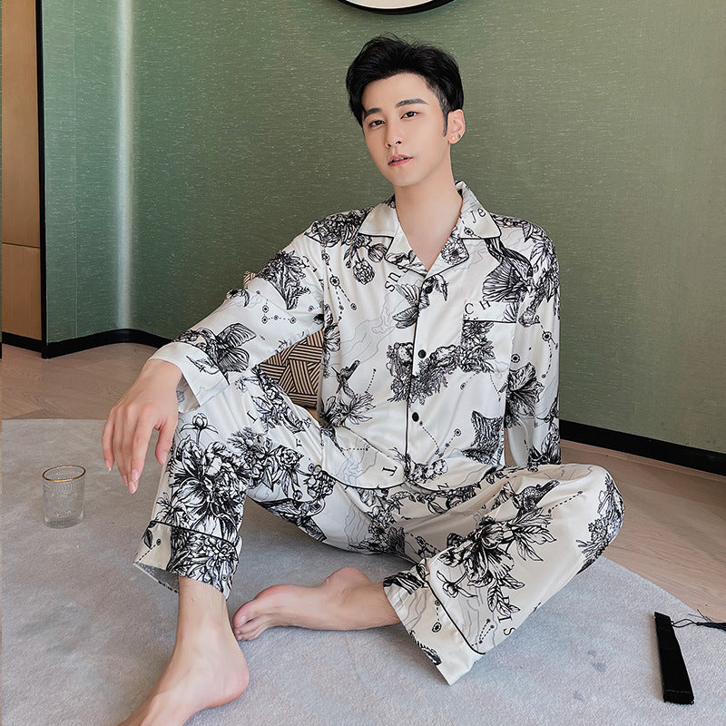 Elegant Printed Couple Pajamas Set - Long Sleeve Button-Down Sleepwear