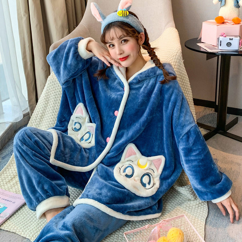 Women Winter Cartoon Thick Flannel Home Pajamas