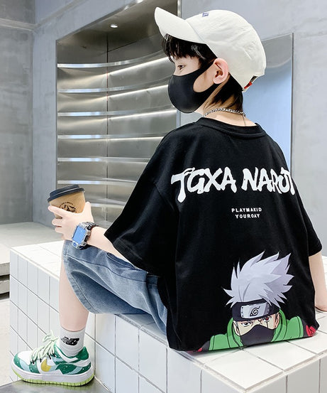 Summer New Children's Short sleeved Naruto Round Neck Middle and Big Children's Pure Cotton T-shirt