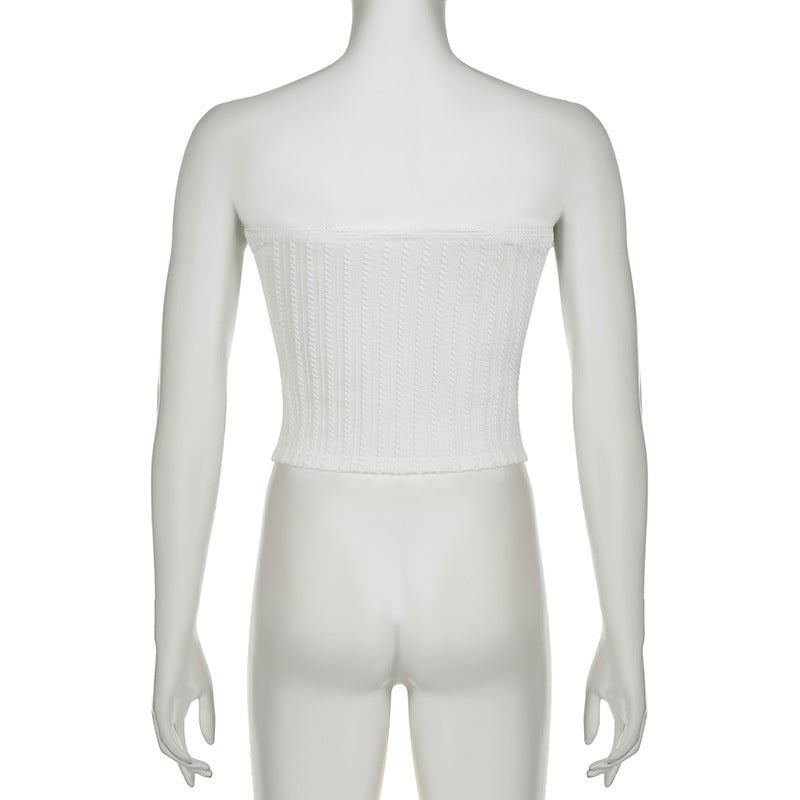 White Ribbed Knit Tube Top with Bow – Minimalist Sweetheart Style - ExceLux.