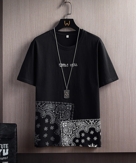 Men’s Patchwork Paisley Print T-Shirt – Streetwear Graphic Tee with Bandana Hem - ExceLux.