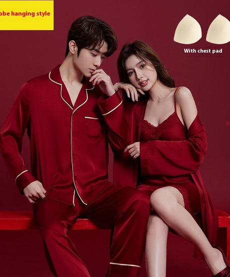 Luxury Satin Couple Pajama Set – 4-Piece Valentine's Sleepwear with Chest Pads (Wine Red) - ExceLux.