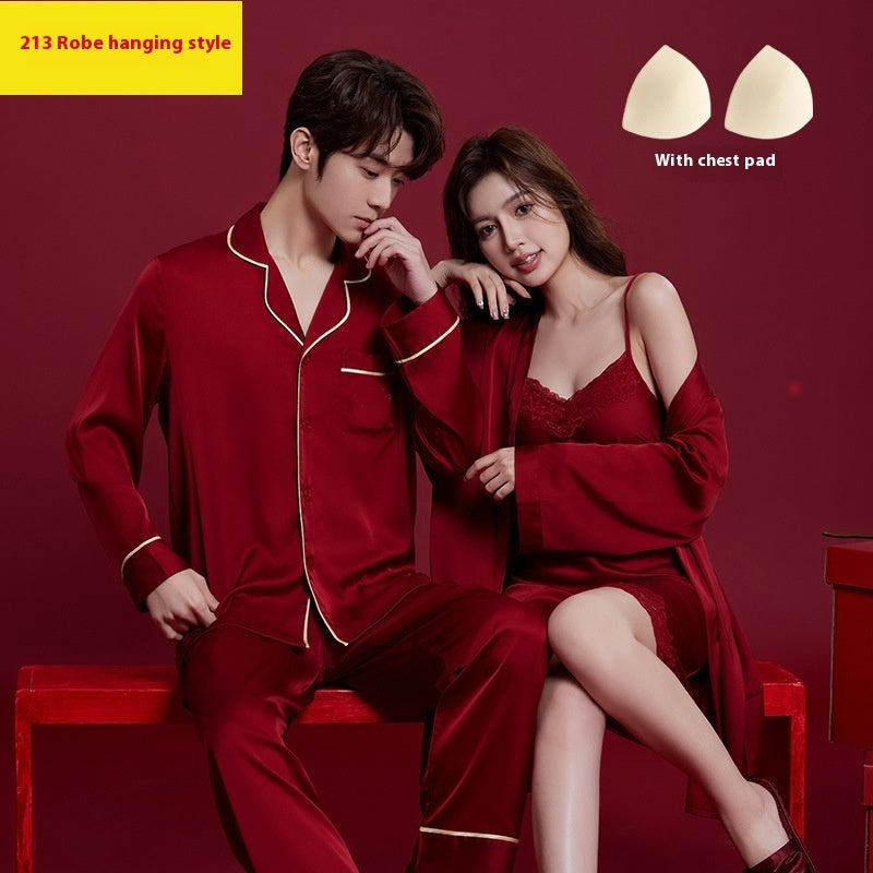 Luxury Satin Couple Pajama Set – 4-Piece Valentine's Sleepwear with Chest Pads (Wine Red) - ExceLux.