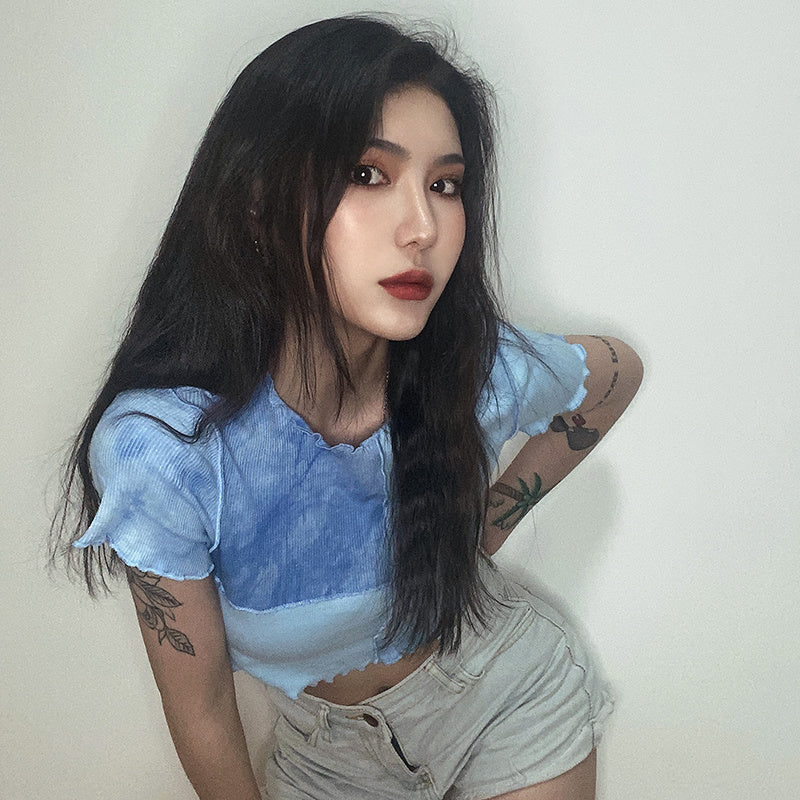Blue Patchwork Tie-Dye Crop Top – Y2K Aesthetic - ExceLux.