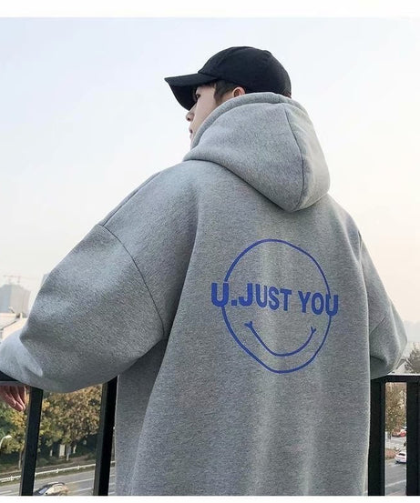 “U JUST YOU” Oversized Unisex Hoodie – Soft Fleece Streetwear with Smiley Graphic