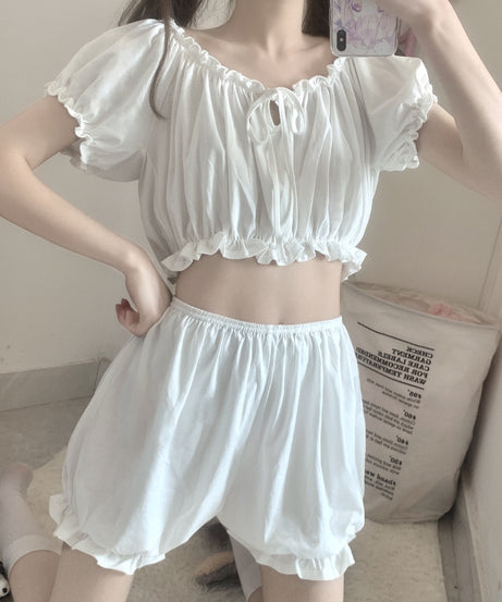 Ruffled Off-Shoulder Pajama Set – Soft, Sweet & Dreamy