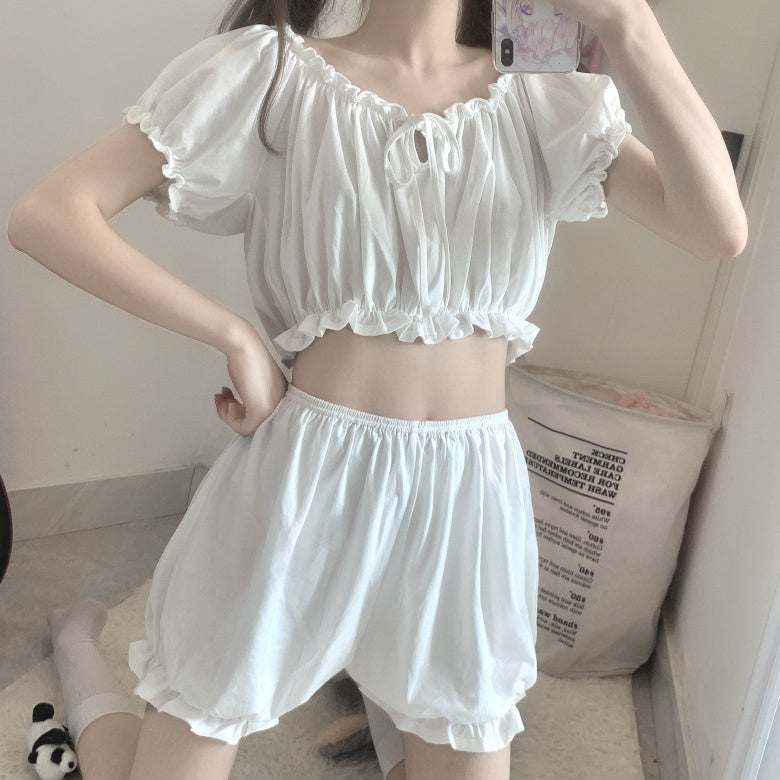 Ruffled Off-Shoulder Pajama Set – Soft, Sweet & Dreamy