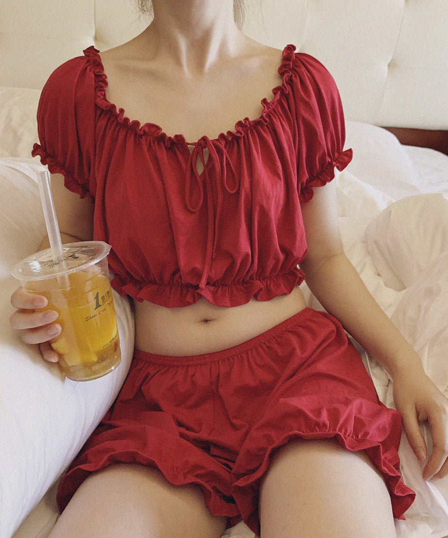 Ruffled Off-Shoulder Pajama Set – Soft, Sweet & Dreamy