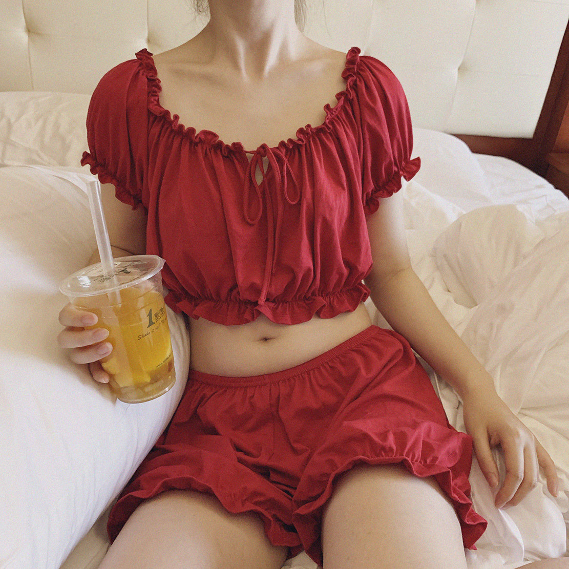 Ruffled Off-Shoulder Pajama Set – Soft, Sweet & Dreamy