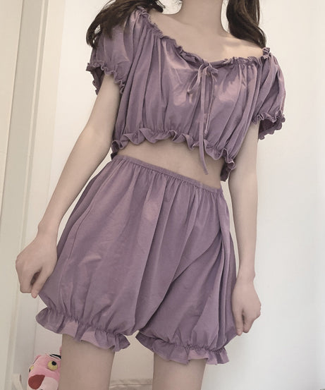 Ruffled Off-Shoulder Pajama Set – Soft, Sweet & Dreamy