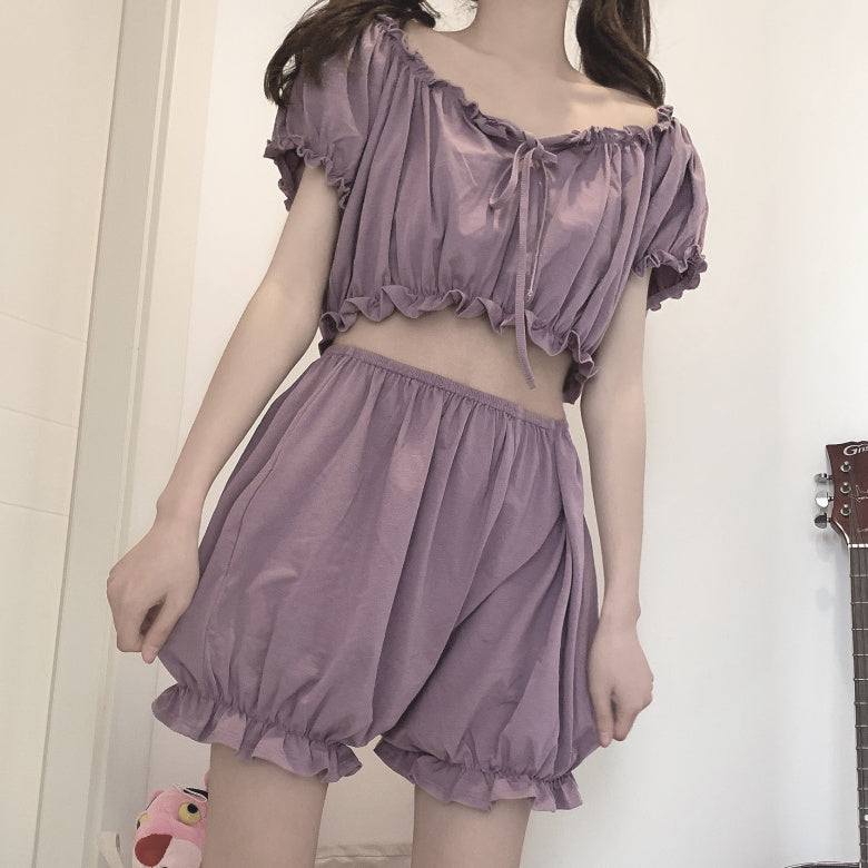 Ruffled Off-Shoulder Pajama Set – Soft, Sweet & Dreamy