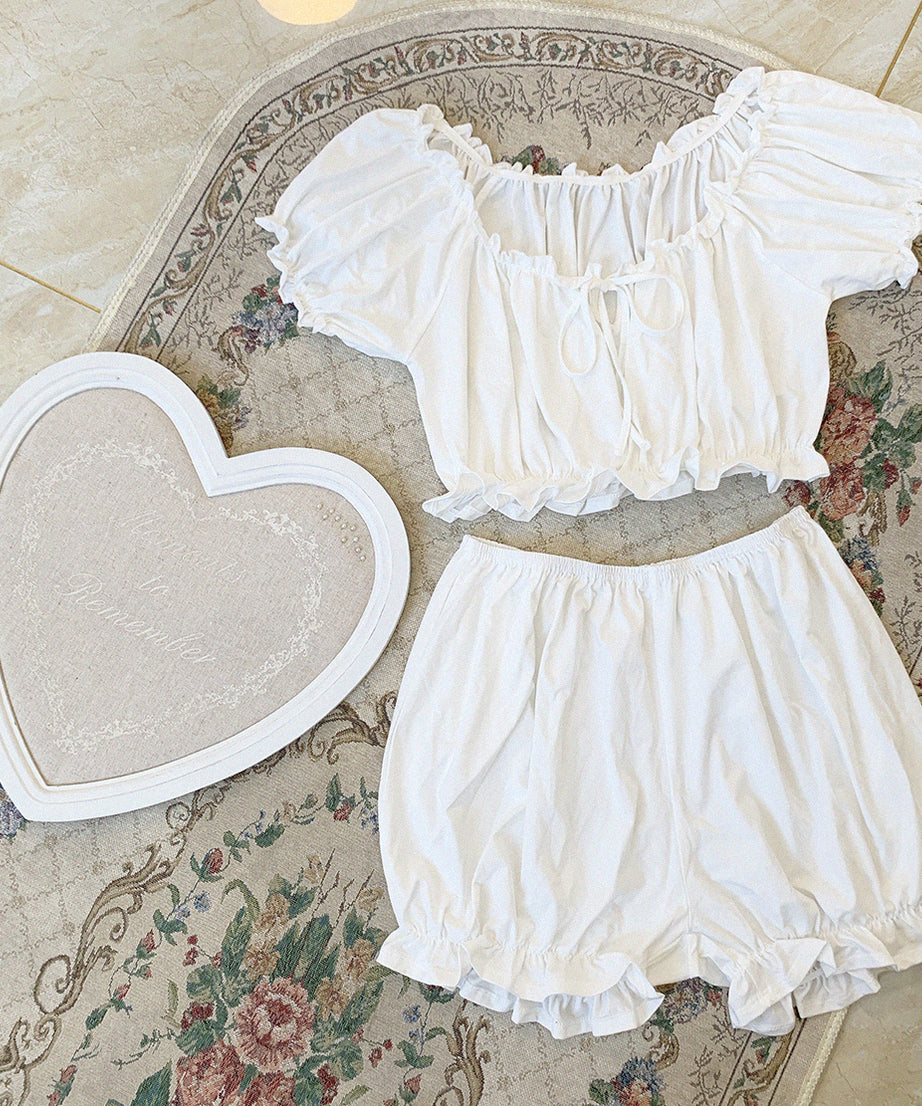 Ruffled Off-Shoulder Pajama Set – Soft, Sweet & Dreamy