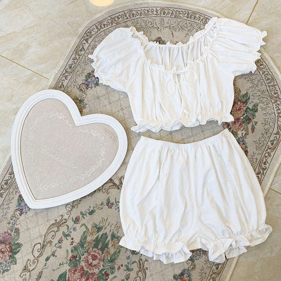 Ruffled Off-Shoulder Pajama Set – Soft, Sweet & Dreamy