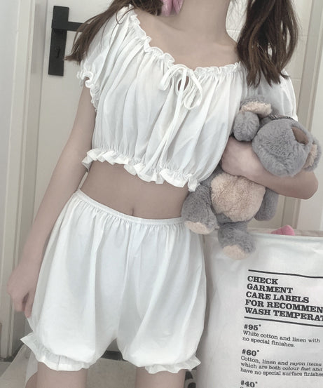 Ruffled Off-Shoulder Pajama Set – Soft, Sweet & Dreamy