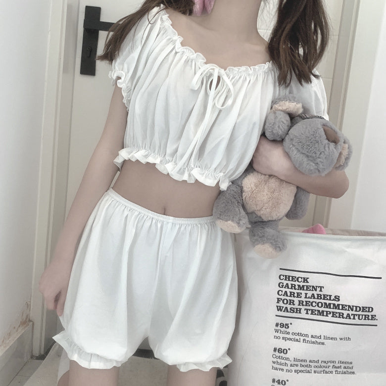 Ruffled Off-Shoulder Pajama Set – Soft, Sweet & Dreamy