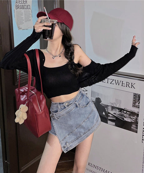 Asymmetric Denim Mini Skirt – Edgy Y2K Street Style