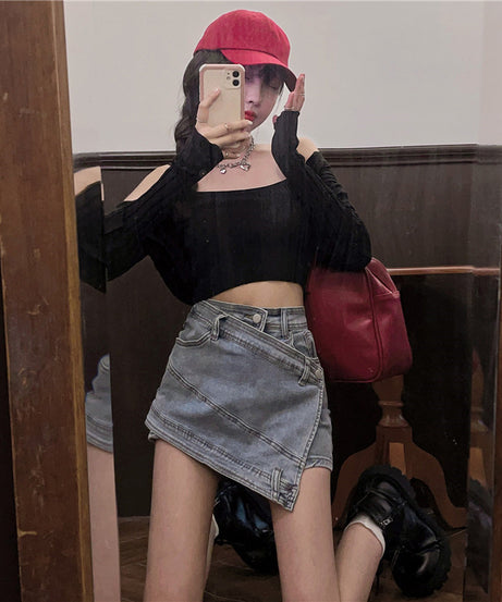 Asymmetric Denim Mini Skirt – Edgy Y2K Street Style