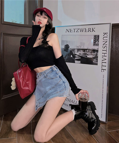 Asymmetric Denim Mini Skirt – Edgy Y2K Street Style