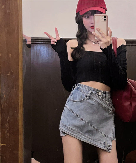 Asymmetric Denim Mini Skirt – Edgy Y2K Street Style