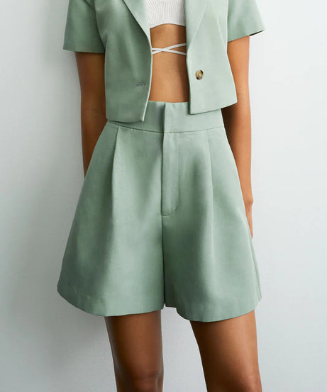 Sage Green Tailored Two-Piece Set – Cropped Blazer & High-Waist Shorts