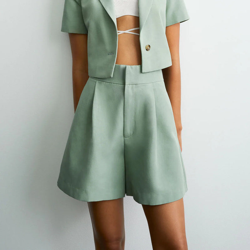 Sage Green Tailored Two-Piece Set – Cropped Blazer & High-Waist Shorts