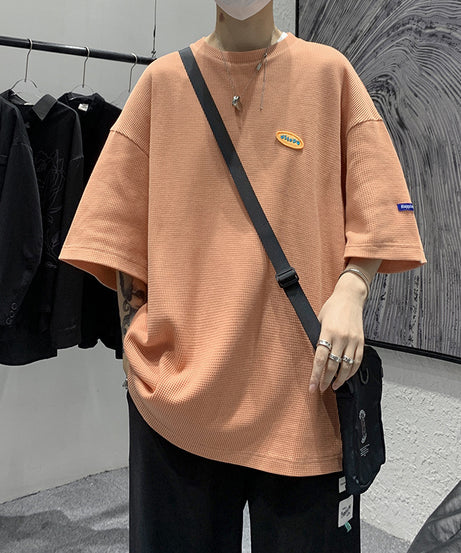 Japanese Casual Men''s 5-sleeve T-shirt Men''s Loose Fashion Brand Round Neck Street Waffle Half Sleeve T-shirt Men''s Wear