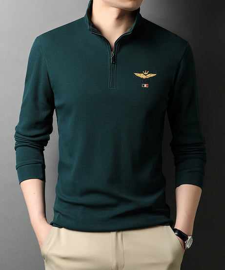 Men’s Quarter-Zip Polo Shirt – Embroidered Long Sleeve Knit Top - ExceLux.