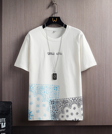 Men’s Patchwork Paisley Print T-Shirt – Streetwear Graphic Tee with Bandana Hem - ExceLux.