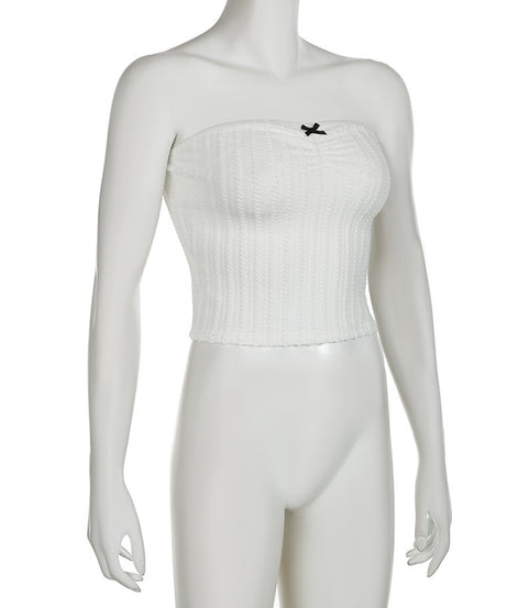 White Ribbed Knit Tube Top with Bow – Minimalist Sweetheart Style - ExceLux.