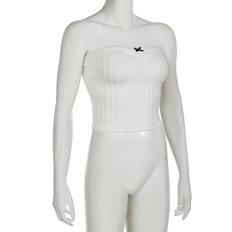 White Ribbed Knit Tube Top with Bow – Minimalist Sweetheart Style - ExceLux.