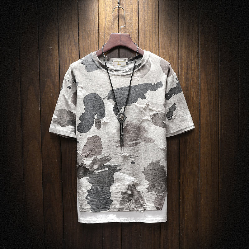 Men’s Urban Camo Print T-Shirt – Distressed Streetwear Graphic Tee - ExceLux.
