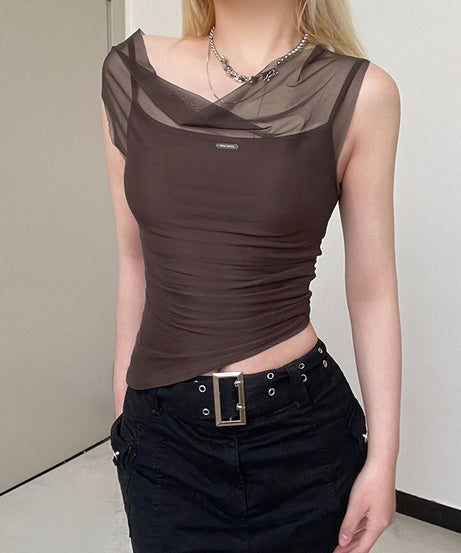 Excelux Women’s Sheer Mesh Slim-Fit Top – Brown Elegant Casual Tee (S–L | AU 6–10)